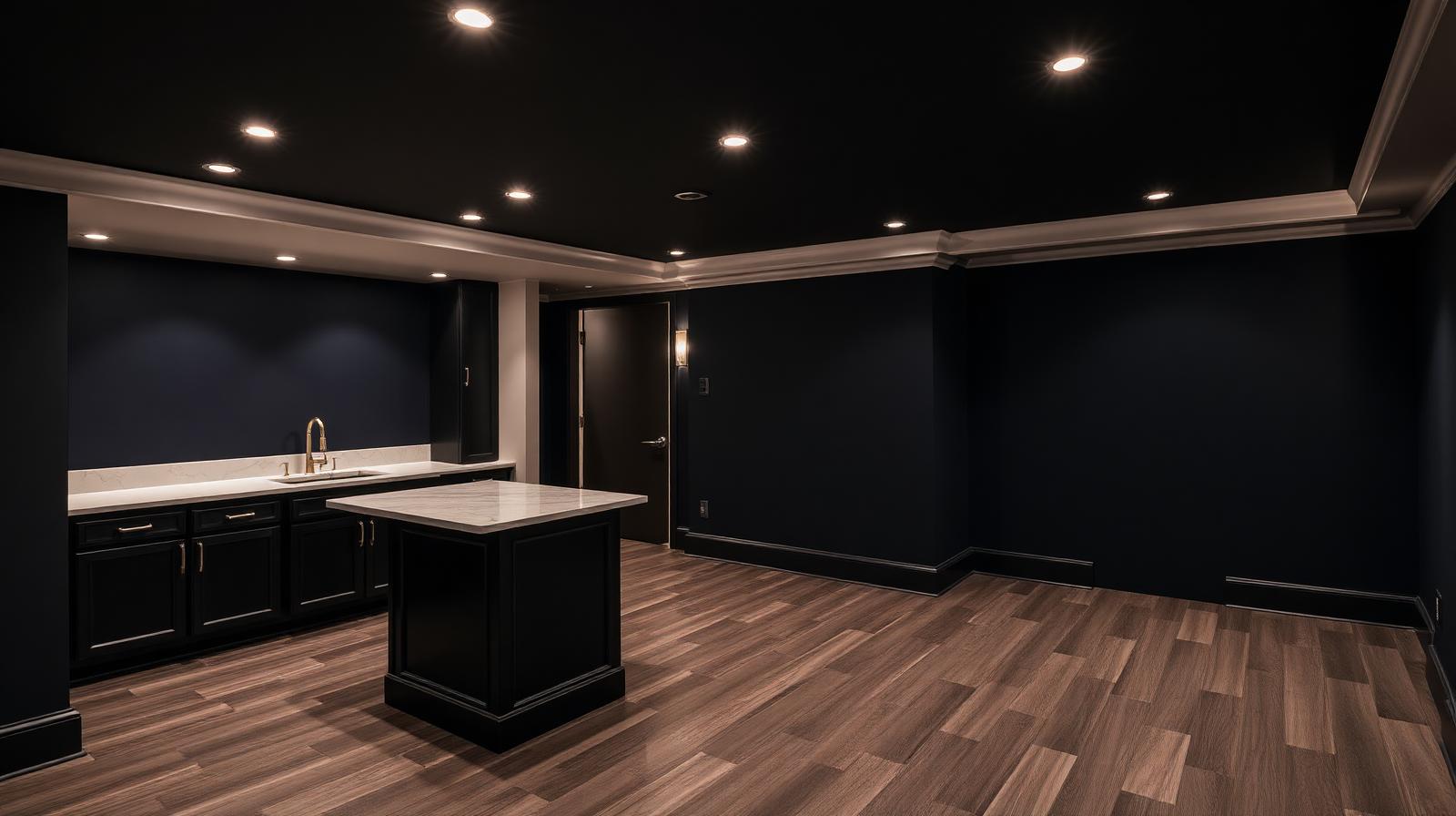 Finished basement in a Metro Detroit home with LVP flooring, recessed lighting, and a custom wet bar
