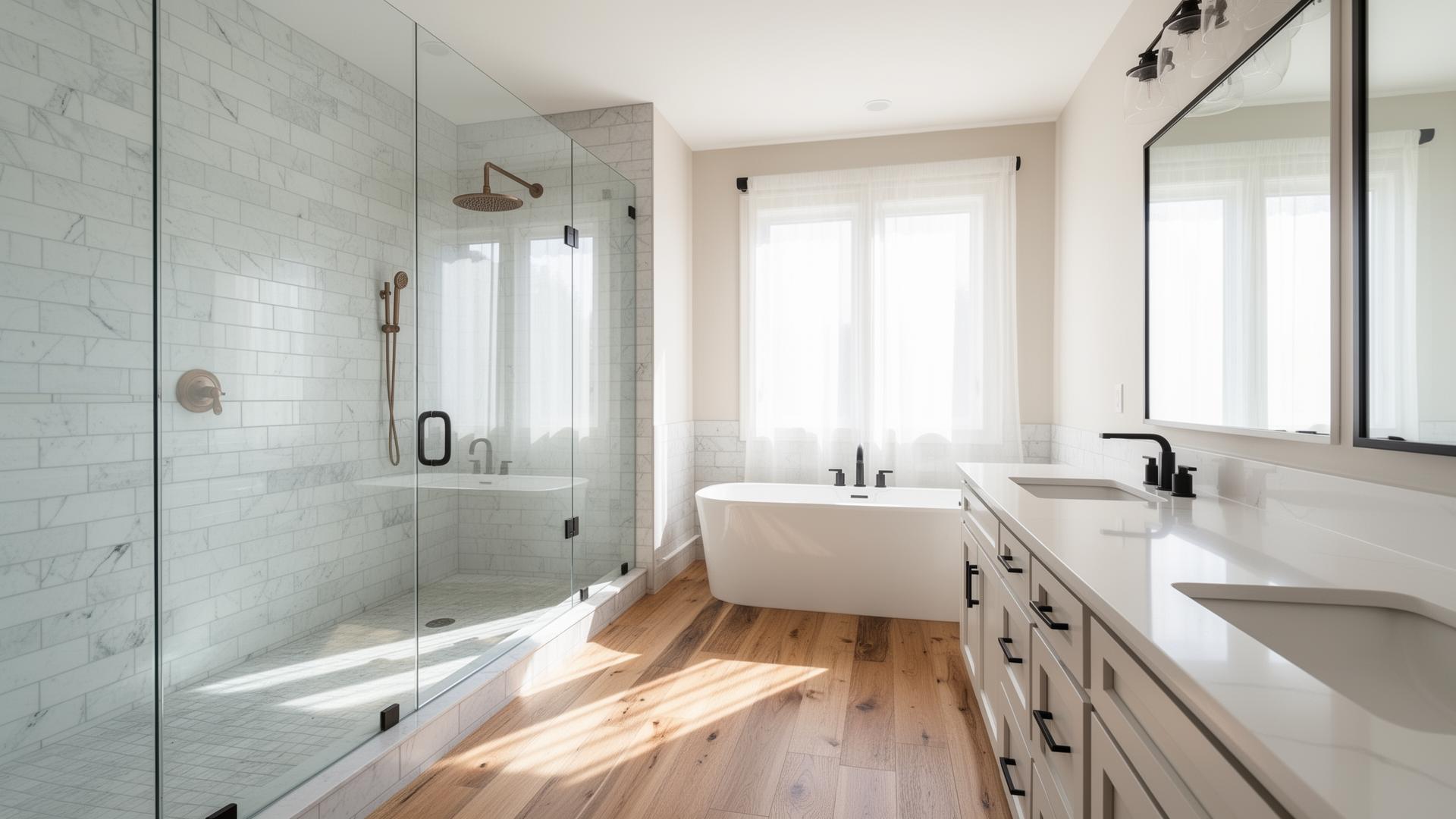 Modern Metro Detroit bathroom renovation with large-format tile, floating vanity, and frameless glass shower