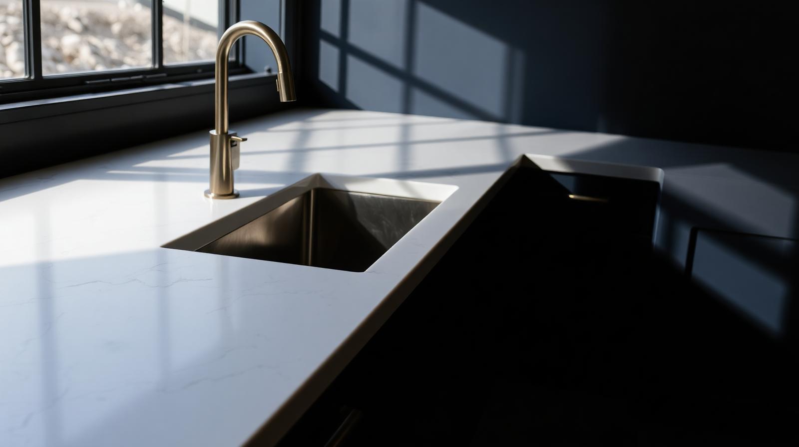 Newly installed white quartz countertop with subtle veining on dark cabinets in a Metro Detroit kitchen