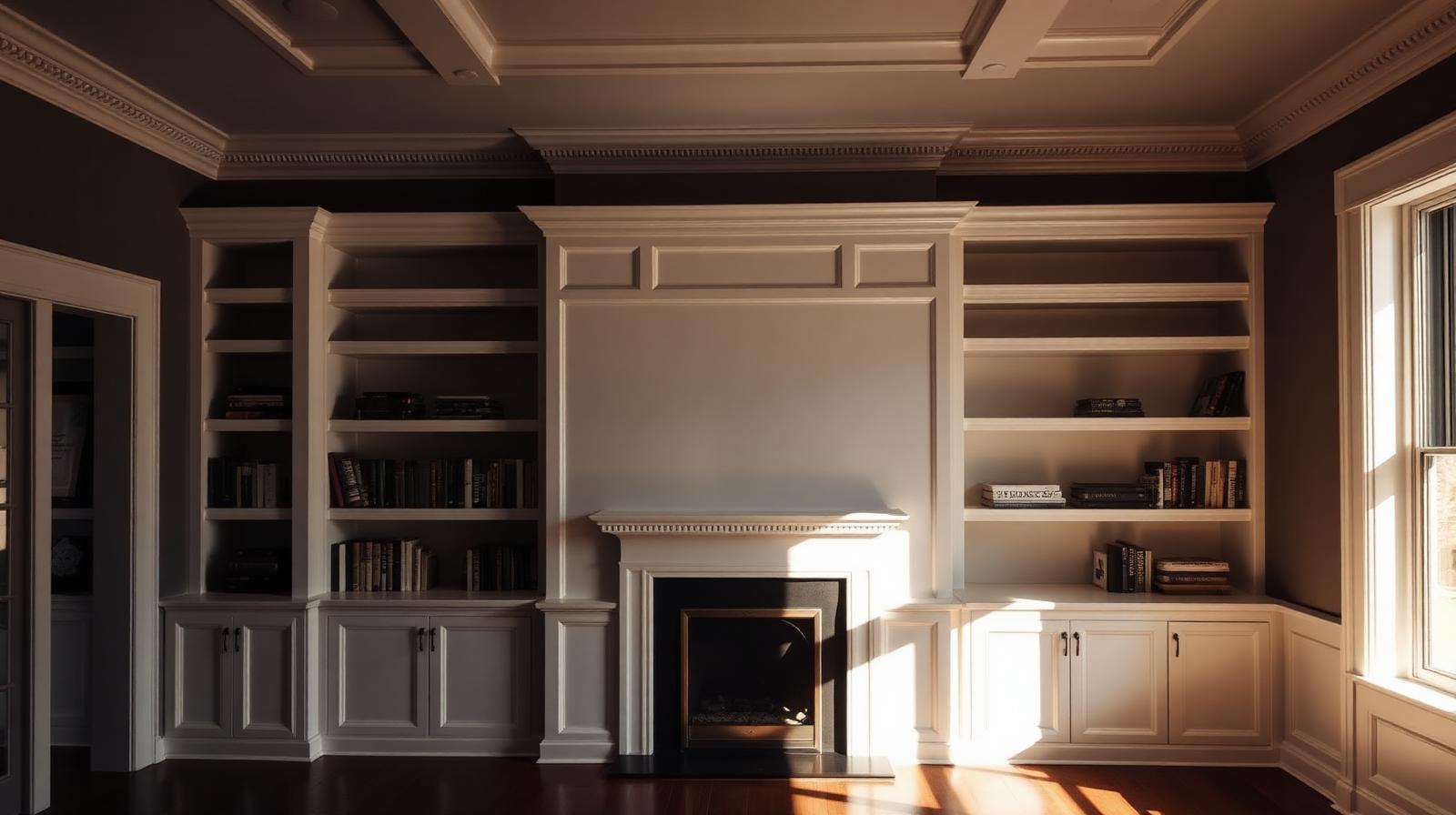Custom built-in white painted bookshelves with crown molding and wainscoting in a Metro Detroit home