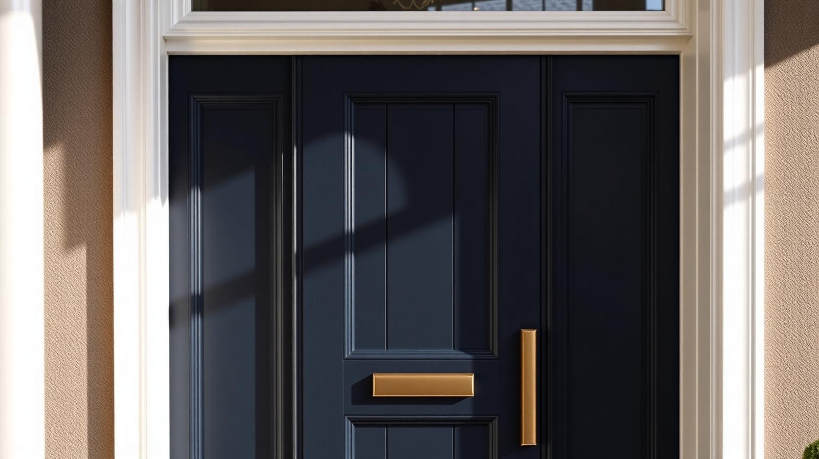 Modern fiberglass entry door with bronze hardware installed in a Metro Detroit home