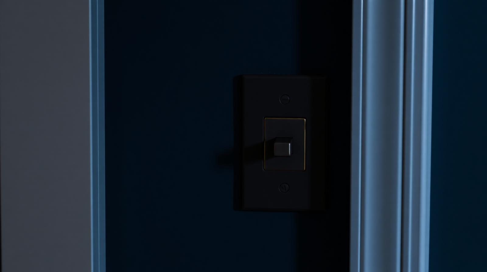 Modern matte black outlet and dimmer switch on a deep navy wall in a Metro Detroit home