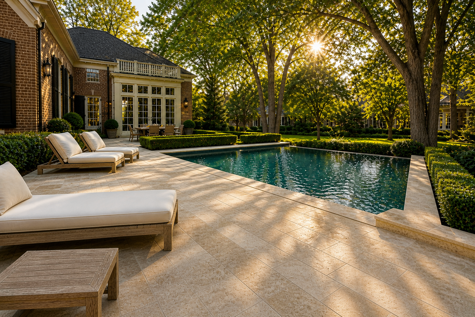 Custom paver patio with herringbone pattern in a Metro Detroit backyard at dusk