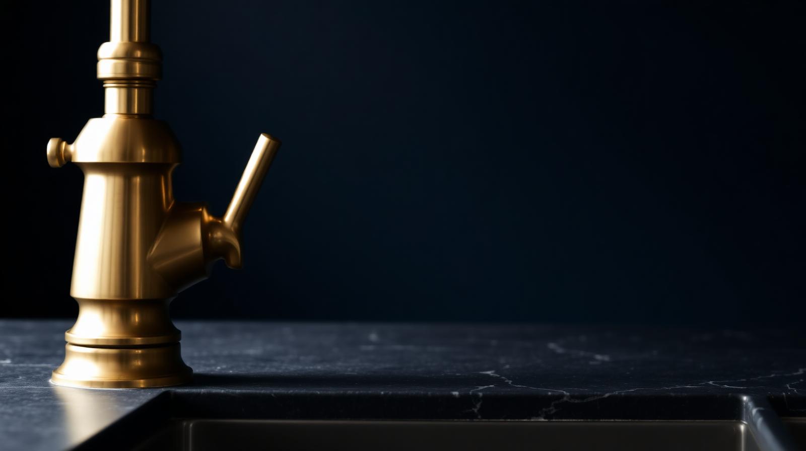 Polished brass kitchen faucet on a dark stone countertop in a Metro Detroit home