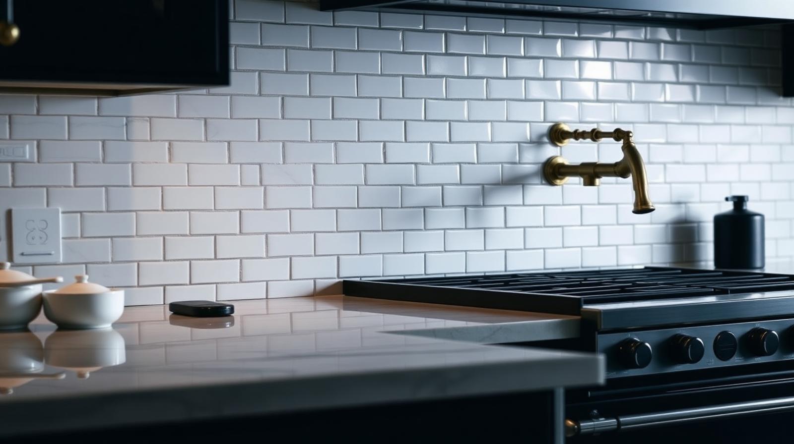 Freshly installed white subway tile kitchen backsplash with brass fixtures in a Metro Detroit home